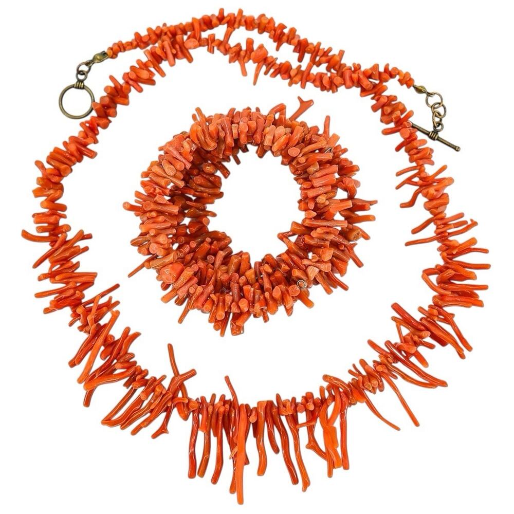 Vintage Undyed Mediterranean Red Coral Spiky Branch Necklace Wrap Bracelet Set